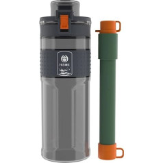 HISOIT 2-in-1 vandens filtro butelis su šiaudeliu 0,01 μm ultra filtravimo daugkartinio naudojimo BPA nemokamas plastikas, skirtas lauko žygiams, kelionėms ir kuprinėms 17oz pilka juoda