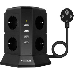 VOOMY 12-in-1 maitinimo juostelė su USB, 8 kištukiniai lizdai, kelių lizdų bokštas su 4 USB, kelių kištukų apsauga nuo viršįtampių ir 2 m kabeliu, kištukinis lizdas su jungikliu biurui, namams