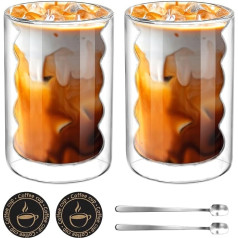 2 Latte Macchiato stiklinių rinkinys, 350 ml dvigubų sienelių stiklinės su 2 šaukšteliais ir 2 padėkliukais, dvigubos sienelės, pagamintos iš borosilikatinio stiklo, skirtos kapučino, latte, arbatai, ledams, šaltai arbatai,