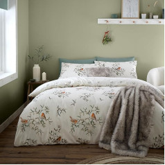 Catherine Lansfield Brushed Mistletoe Robin Cotton Reversible Duvet Cover Set With Pillow Cases Cream