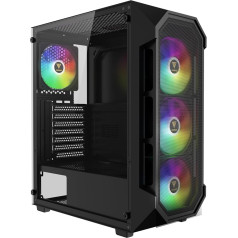 GAMDIAS Aura GC1 Elite ARGB ATX žaidimų kompiuterio korpusas, 4 x 120 ARGB ventiliatorių, didelio oro srauto tinklelio priekinė panelė, be įrankių montuojama grūdinto stiklo šoninė panelė, motininės plokštės sinchronizavimas, juoda