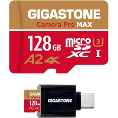 [5 metų nemokamas duomenų atkūrimas] GIGASTONE 128GB Micro SD kortelė su USB 3.2 C tipo kortelių skaitytuvu, 