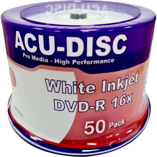 ACU-DISC DVD-R tuščia 16 x 4,7 GB 120 min. pilno paviršiaus baltos spalvos koncentratoriaus rašalinis spausdintuvas - 50 vnt. pakuotė