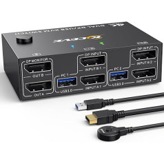 KVM jungiklis 2 kompiuteriams 2 monitoriams 8K @ 30Hz 4K @ 144Hz, dviejų monitorių KVM jungiklis 