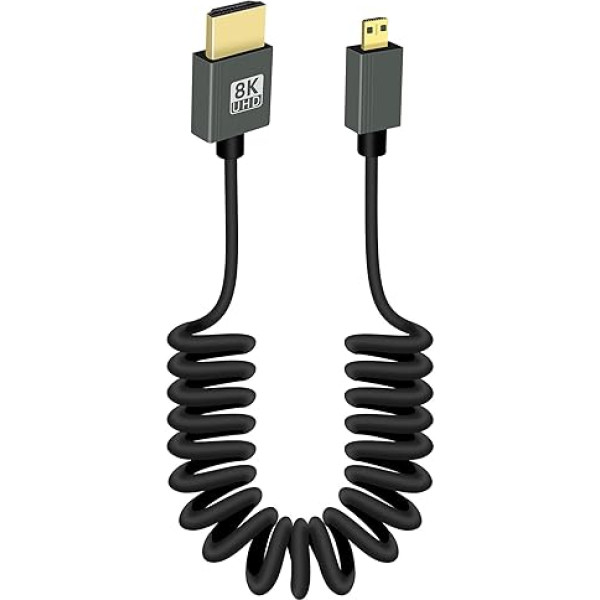 RIIEYOCA 8K trumpas trumpas Micro HDMI į HDMI suvyniotas kabelis, 48 Gbps didelės spartos HDMI2.1 palaiko HDR, 8K@60Hz, 4K@120Hz, suderinamas su fotoaparatu, vaizdo kamera, kompiuteriu, monitoriumi (įprastas)