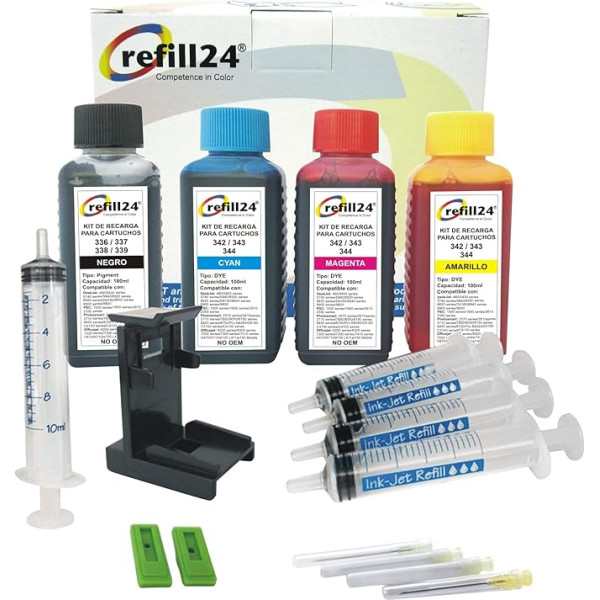 refill24 Suderinamas HP 338 343 juodos ir spalvotos rašalo kasetės pildymo rinkinys su spaustuku ir priedais + 400 ml rašalo