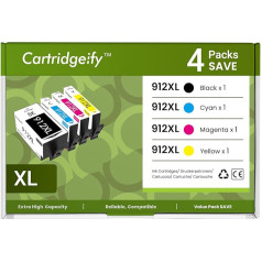 Cartridgeify 912XL rašalo kasetės, suderinamos su HP 912 XL kasetėmis (1x juoda, 1x žydra, 1x purpurinė, 1x geltona, 4 pakuotės), skirtomis 