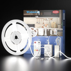 WOBANE COB LED juosta 3 metrai 12V lipni LED juosta su nuotolinio valdymo pulteliu Dimmable CRI90+ didelio ryškumo LED juosta su kištuku, skirta virtuvei po spintelėmis Vitrina Cool White 6000K