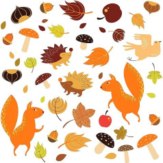 Rudens dekoracijos langui - dekoracijos rudeniui - 40 lipdukų langui su rudens miško motyvu - dvipusiai lipdukai langui - rudens gyvūnai - rudens dekoracijos lapai vaisiai riešutai