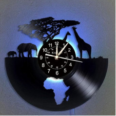 Vinilinis sieninis laikrodis, Afrika - Safario gyvūnai, 7 spalvos, naktinis šviestuvas, retro sieninis laikrodis, Pietų Afrikos gyvūnų dovanos, rankų darbo pagrindinis sienų dekoras, A, su šviesa