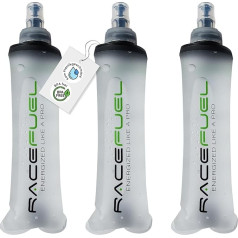 RACEPACE RaceFuel sulankstomas 250 ml vandens buteliukas su geliu, minkštas flakonas be BPA, su RaceFuel energinio gelio recepto QR kodu, puikiai tinka bėgimui, maratonui, triatlonui ir važiavimui dviračiu (3 vnt., 250 ml)