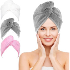 NEXCOVER Mikropluošto plaukų rankšluostis, 3 pakuotės (balta+pilka+rožinė), 9,8 x 25,5 colio plaukų šluostės, itin sugeriančios, greitai džiūstančios, galvos apdangalai moterims, drėgniems plaukams, ilgiems, garbanotiems, storiems, garbanoti