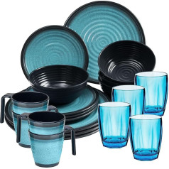 Melamino indų rinkinys 20 dalių elegantiškos mėlynos spalvos akmens masės indų su puodeliais Stiklinė vandens 320 ml mėlynos spalvos 4 žmonėms | Valgomojo indai Stiklinės Vandens Stiklinė Tumbleris Viskis Stovyklavimo indai Stovyklavimas lauke