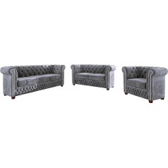 S-Style Möbel 3 sėdimų vietų sofos komplektas 2 sėdimų vietų fotelio sofa 3 dalių medžio masyvo kojelės Rudas aksomo audinys Elegantiškas dygsniuotas laisvai pastatomas Harwell Grey