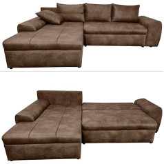 Luma-Home Schönes Für Dein Zuhause Senovinė kampinė sofa su miego funkcija ir miegamojo lova, 266 x 186 cm, su bangų pagrindu, kairėje pusėje esantis otomanas, jauki poilsio sofa su odiniu mikropluošto audiniu, ruda/18014