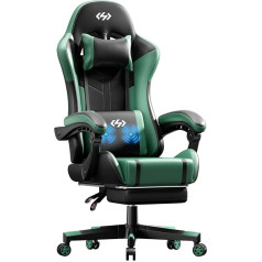 HLONONE masažinė žaidimų kėdė, ergonomiška žaidimų kėdė su atrama kojoms, masažinė juosmens pagalvėlė, žaidimų kėdė suaugusiesiems ir paaugliams, 150 kg svorio reguliuojamo aukščio žaidimų kėdė, juoda/žalia