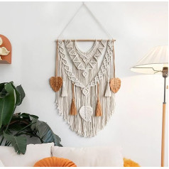 ANAZOZ Boho Macrame sienos kabo, sienų dekoracijos Macrame medvilnės austas su lapų kutais sienos gobelenas Bohemiškas miegamojo gyvenamasis kambarys Vaikų kambarys 80 x 55 cm