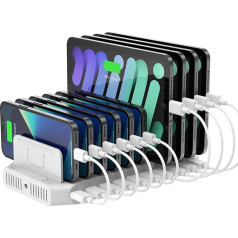 Unitek 96 W 10 prievadų USB įkrovimo stotelė keliems įrenginiams su 2 x QC3.0 ir išmaniuoju IC organizatoriumi mobiliesiems telefonams, planšetiniams kompiuteriams ir kitiems USB įrenginiams