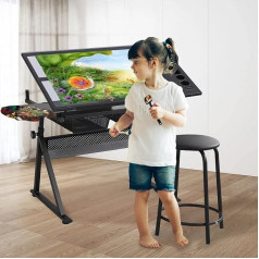 Reguliuojamo aukščio ir kampo piešimo stalas, piešimo stalas, piešimo stalas su 2 stalčiais ir vienu šonu, skirtas rašymo ir amatų darbo vietoms, 102 x 60 x 72-93 cm, gražus