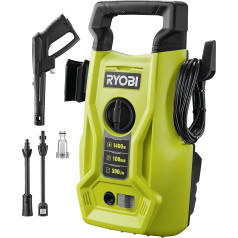 RYOBI RY100PWA 1400 W elektrinis slėginis plovimo įrenginys (100 barų slėgis, 390 l/h srautas, 40° vandens temperatūra, aliuminio siurblys, 5 m žarna, 5 m kabelis, įskaitant 