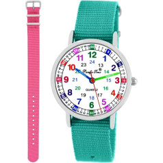 Ramiojo vandenyno laikas 11121 Vaikų laikrodis Mergaitės Berniukai Mokymosi laikrodis 2 tekstilės apyrankės rinkinys Turquoise + Pink analoginis kvarcas