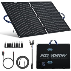 ECO-WORTHY 100 W saulės kolektorius, sulankstomas, nešiojamas, monokristalinis, su reguliuojamu stovu, PV kabeliu (9,84 pėdos), 4 nuolatinės srovės adapteriais, tinkantis daugumai elektrinių, nameliams ant ratų, karavanams, lauko stovykloms