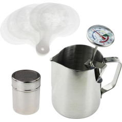 Baristos rinkinį sudaro pieno termometras, 600 ml ąsotis, kakavos plaktuvas ir 16 vnt. šablonų rinkinys - idealiai tinka kavai Latte Cappuccino Mocha