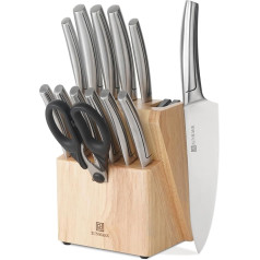 13 dalių peilių rinkinys su integruotu galąstuvu, nerūdijančio plieno virtuvinių peilių rinkinys su kaučiukmedžio blokeliu, universalus virėjo peilių rinkinys su ergonomiška plienine rankena, galima plauti indaplovėje