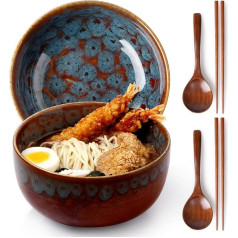 NUTRIUPS 2 indų rinkinys, 1200 ml, japoniškas keraminis indas, makaronų dubenėlis su lazdelėmis ir šaukštu (mėlynos ir žalios spalvos, išlietas orkaitėje)