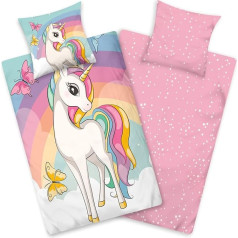 Aminata kids Patalynė 135 x 200 cm Vienaragio motyvas Mergaitės Medvilninis užtrauktukas Vaikų dvipusis patalynės komplektas Vienaragis Rainbow Pink