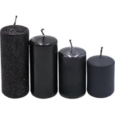 Daugiapakopės stulpinės žvakės, advento žvakės, advento vainiko žvakės, juodos spalvos, 4 dydžiai, aukštis 5-10 cm, skersmuo 4 cm, 250 g, degimo laikas 4 x 10 valandų, nekvepiančios