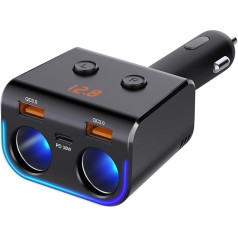 180 W USB C automobilinis įkroviklis Cigaretės žiebtuvėlio dalytuvo adapterio dalytuvas C tipo automobilinis įkroviklis 2 skyriai 12 V USB lizdas su LED voltmetro jungikliu Dvigubas USB + PD prievadas mobiliajam telefonui, planšetiniam kompiuteriui,