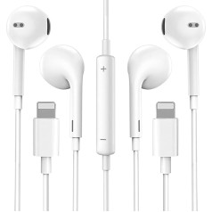 2 pakuotės ausinės iPhone, ausinės į ausis, laidinės ausinės su Lightning jungtimi, stereofoninio garso ausinės su integruotu mikrofonu ir garsumo valdymu, suderinamos su iPhone