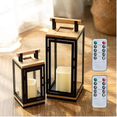 NUPTIO Žibintas su laikmačiu žvakėms Mediena: 34 x 23,5 cm LED žvakių žibintų rinkinys Juodas metalinis lauko medinis žibintas Žvakių žibintas Lauko Kalėdų kapo žibintas Kapinių žibintas Atsparus oro sąlygoms Sodo žibintas
