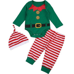 Naujagimių kūdikių mergaičių berniukų Kalėdų Elfas apranga ilgomis rankovėmis Romper Playsuit dryžuotas kelnės kepurė 3 dalių Toddler Unisex pirmasis 1. Kalėdų šalis drabužių rinkinys Nuotrauka fotografavimas 0-18 mėnesių