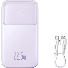 Maitinimo baterija su ekranu 10000 mAh 22,5 W + USB-A / USB-C kabelis violetinės spalvos