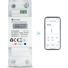 KETOTEK išmanusis elektros energijos skaitiklis DIN bėgis, 1 fazė, dvikryptis, skaitmeninis energijos skaitiklis WLAN, 5 (65) A 90-250 V, dvikryptis, 1 fazė, KWH skaitiklis, WLAN nuotolinis valdymas naudojant programėlę