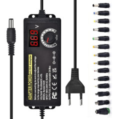 Reguliuojamas maitinimo šaltinis 3V-24V Universalus maitinimo šaltinio adapteris 3A 72W Reguliuojamas maitinimo adapteris AC/DC 100V-240V su LED įtampos ekranu ir 5,5 x 2,5 mm 14 antgalių buitiniams prietaisams, LED apšvietimui,