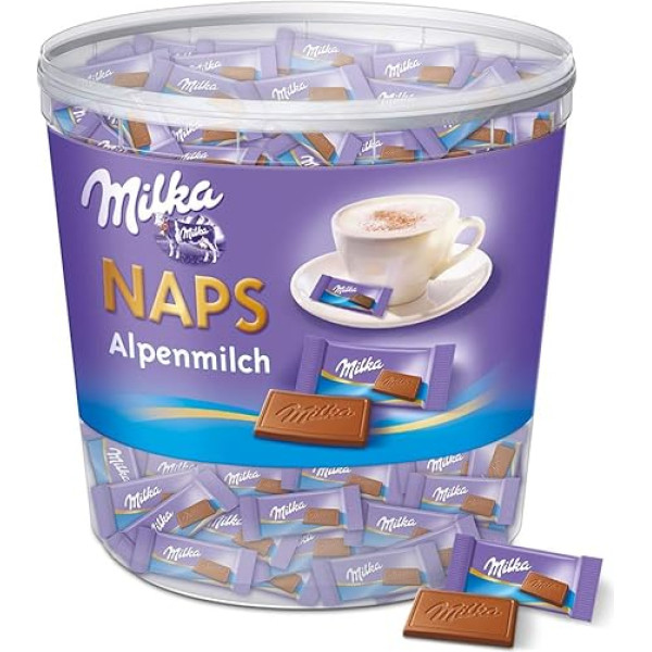 Milka Alpenmilch (Alpių pienas) Naps, 1 x 1 g, burnoje tirpstantys mini šokolado batonėliai, pagaminti iš švelnaus Alpių pieno šokolado, skardinė