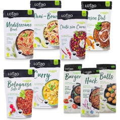 LOTAO Vegan Ready Meals - Connoisseurs Box: 9 ekologiški patiekalai be priedų ir sojos | Paruoštas maistas mikrobangų krosnelei | Veganiško maisto dovanų dėžutė