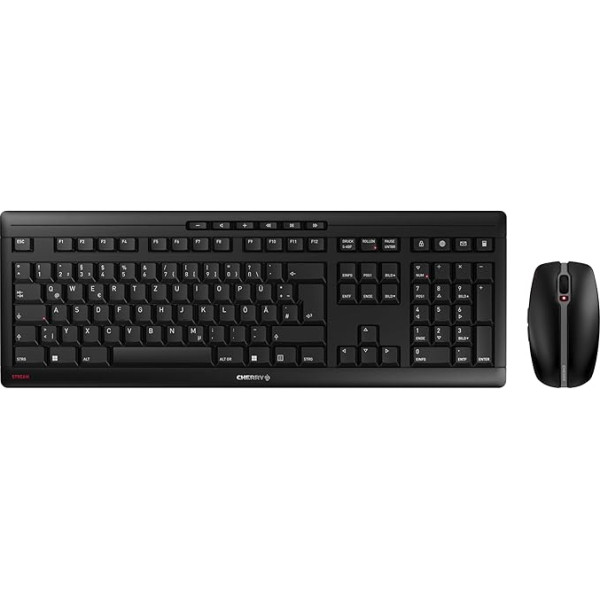 CHERRY STREAM DESKTOP belaidės klaviatūros ir pelės rinkinys, vokiškas išdėstymas (QWERTZ), 2,4 GHz radijo ryšys, tylus klavišų paspaudimas, maitinamas iš baterijos, juodas