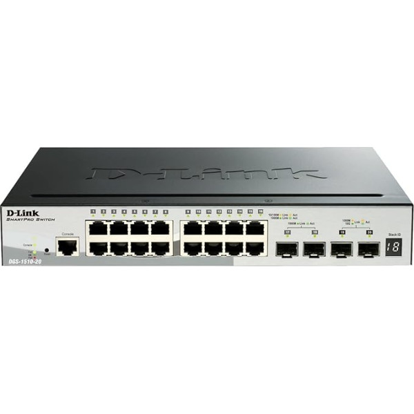 D-Link DGS-1510-20/E, 20 prievadų 2/3 lygmens išmanusis valdomas gigabitinio kamino komutatorius (16 x 10/100/1000 Mbit/s BaseT prievadas, 2 x SFP lizdas, 2 x 10G SFP+ lizdas, 19 colių korpusas), tik su ES maitinimo kabeliu, juodas/pilkas