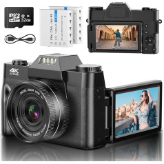 Skaitmeninis fotoaparatas 4K 48MP Vlogging Camera su 3 colių 180 laipsnių apverčiamu ekranu, 16X skaitmeninis priartinimo fotoaparatas fotografavimui su automatiniu fokusavimu ir 32GB kortele bei 2 baterijomis paaugliams studentams vaikams berniukams m