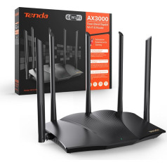 Tenda RX12 Pro Wi-Fi 6 WLAN maršrutizatorius (AX3000 Dual Band 5GHz: 2402Mbps + 2.4GHz: 574Mbps) 5*6dBi High-Gain antenos, Gigabit LAN/WAN prievadas, WPA3, MU-MIMO+OFDMA, WiFi+Mesh, VPN, APP, be DSL funkcijos, juodas