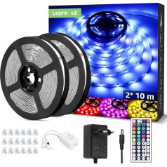 LE LED juosta 20 m (2 x 10 m), RGB LED juosta, 5050 SMD 600 LED juostelės, 12 V, lipni šviesos juosta su 44 mygtukų nuotolinio valdymo pulteliu, lanksti LED juosta, LED pasakų žibintai IP20 namams, vakarėliams,