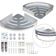 INTIRILIFE 2 x sidabrinė dušo lentyna, 30 x 22,5 x 4,5 cm, vonios kambario lentyna, kampinė lentyna su 2 kabliukais, skirta gręžti arba klijuoti