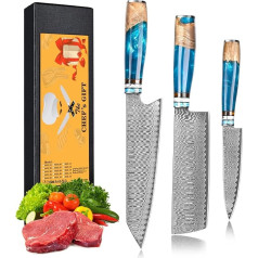 oFuun Virtuvinių peilių rinkiniai Damasko virėjo peilis Profesionalus peilis, 3 dalių aštrus virtuvinis peilis Virėjo peilis 20 cm japoniškas peilis Damasko plienas 67 sluoksniai su ergonomiška rankena Mėsa