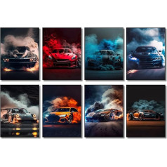 NebulaNova 8 x automobilių plakatai Supercar plakatas meno atspaudai sienoms Derliaus lenktynių automobilių sieninis menas berniukų miegamajame (neįrėminti, 8 x 12 colių)