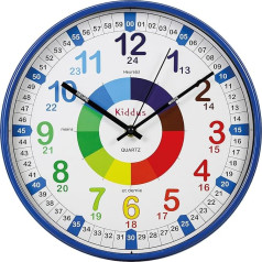 Kiddus Vaikų sieninis laikrodis Analoginis laiko mokytojas su laiko mokymosi pratimais Tylus laikrodis Daug kalbų Français XL Bleu