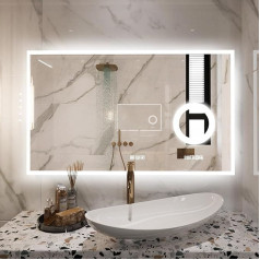 furduzz LED vonios veidrodis su 3x didinimu, 800x600 mm sieninis veidrodis su apšvietimu, reguliuojamu apšvietimu, skaitmeniniu laikrodžiu, temperatūra, 3 spalvomis, apsauga nuo rūko, atminties funkcija, apšviestas makiažo veidrodis